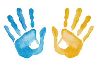 Watercolor illustration of hand painted blue and yellow prints of hands men, woman, children. Isolated on white clip art element for patriotism, peace, freedom. Independence day poster. Ukraine flag