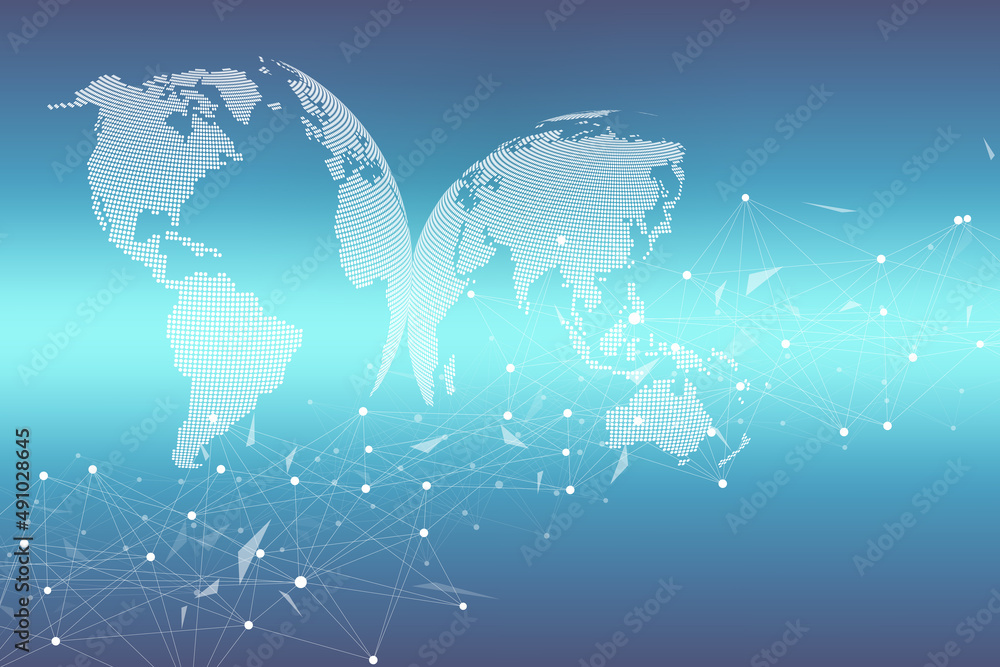 Aufkleber World map point with global technology networking concept. Digital data visualization. Lines plexus. Big Data background communication. Scientific illustration.