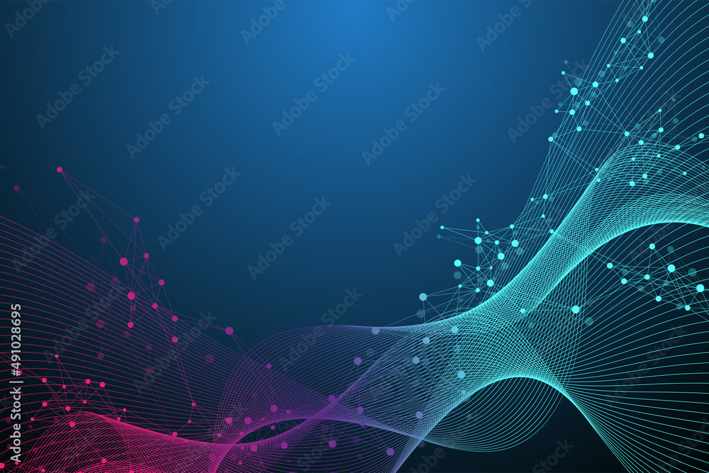 Poster Quantum computer technology concept. Deep learning artificial intelligence. Big data algorithms visualization for business, science, technology. Waves flow, illustration.