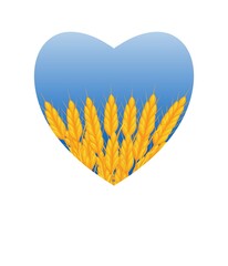 Golden ears of corn against the blue sky in the form of a heart.