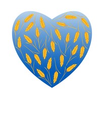 Golden ears of corn against the blue sky in the form of a heart.