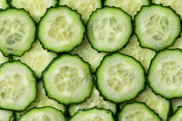 Background with many slices of cucumber. Fresh slices of cucumber.