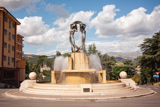 L'aquila, Italy, fountain with water jets. Fountain spraying water