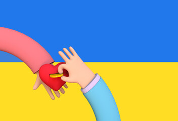 Help and support to Ukraine, Hand holds a moneybox in the shape of a heart other hand puts a coin on the background of the Ukrainian flag. 3d illustration