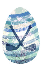 Easter egg with stripes, decorated with crossed hockey sticks. Colorful flat vector illustration. Clipart. Isolated element.