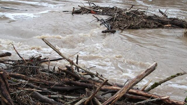 Wood debris pile during a flood
