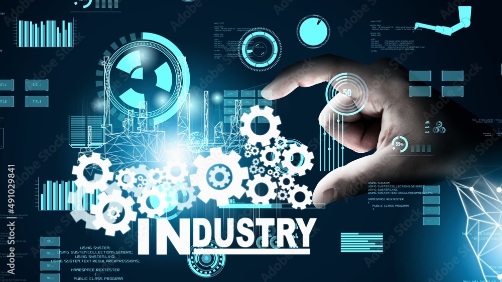 Poster futuristic industry 4.0 and inventive mechanized engineering concept with graphic user interface sho