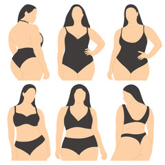 Silhouette of woman in black underwear. Set with women in bikini.