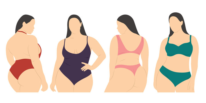 Set with curvy woman in underwear. Plus size women lingerie vector illustration.