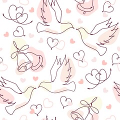 Naklejka premium Seamless doodle pattern with linear romantic symbols and abstract shapes of pastel colors. Decoration for Wedding, Valentine day, Engagement events.