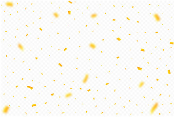 Golden confetti falling on transparent background. Festival elements. Anniversary and birthday celebration. Shiny tinsel and confetti falling. Simple confetti falling vector illustration.