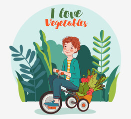 Cute boy with fresh vegetables rides on bicycle in the garden. Summer time