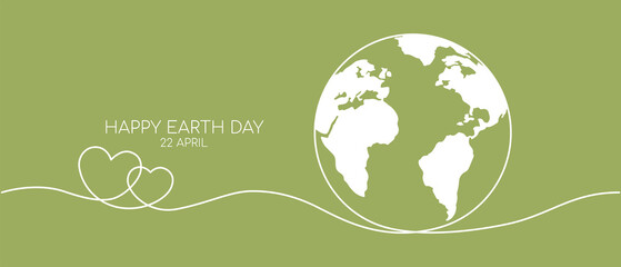 Happy earth day banner by white continuous single line drawing heart embrace and world map isolated on green background for banner in concept environment, ecology, eco friendly