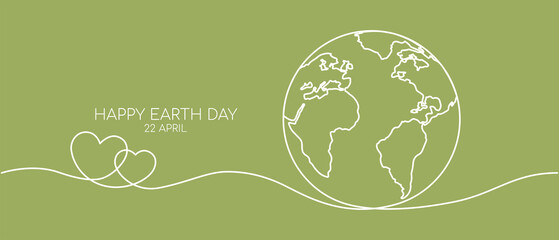 Happy earth day banner by white continuous single line drawing heart embrace and world map isolated on green background for banner in concept environment, ecology, eco friendly