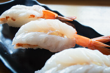 Raw sweet shrimp nigiri sushi. Selective focus.