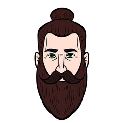 man with man bun and full beard. head, comic, brown hair.