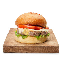 burger on wooden board isolate on white background