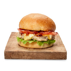 burger on wooden board isolate on white background