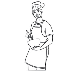 young chef with apron and bowl. monochrome, outline, comic.