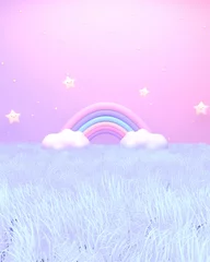 Fototapeten 3d rendered cartoon pink rainbow and stars night. © tykcartoon