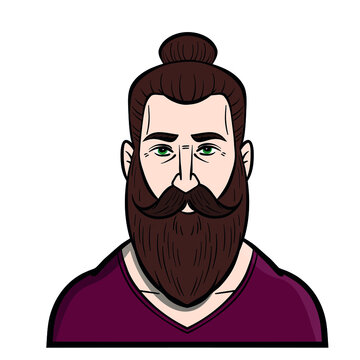 Hipster With Man Bun And Full Beard. Avatar Comic Isolated.