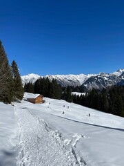 Fototapeta na wymiar Wanderer laufen an einem sonnigen Wintertag durch den Schnee in Oberstdorf nahe einer Hütte zwischen der Bergstation Söllereck und der weiter entfernten Hütte Hochleite. 