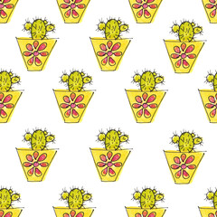 watercolor drawing cactus in a pot on a white background. seamless pattern, isolate.