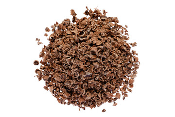 Pile of crushed chocolate chips isolated on white background, top view. Heap of dark chocolate shavings isolated on white background, top view. Chocolate chips on a white background, top view.