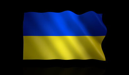 3D rendering, Close up waving Ukraine national flag, isolated black background.