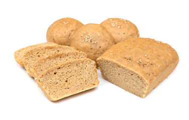 Pieces of home baked whole wheat bread on a plain white background