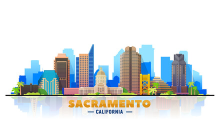 Sacramento California skyline vector lines illustration. Background with city panorama on a sky. Travel picture. - obrazy, fototapety, plakaty