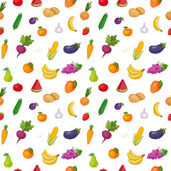 Seamless pattern with fruits and vegetables on a white background. Vector illustration of a vegetarian in a minimalistic flat style, drawing by hand. Print for textiles, print design, postcards