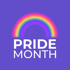 Pride month card concept with neon rainbow. Vector illustration with neon rainbow on violet background. Symbol of pride month. Concept of LGBT promo banner.