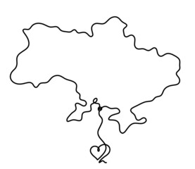 Map of Ukraine with heart as line drawing on white background. Vector