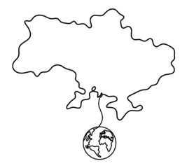 Map of Ukraine with globe as line drawing on white background. Vector