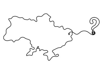 Map of Ukraine with question mark as line drawing on white background