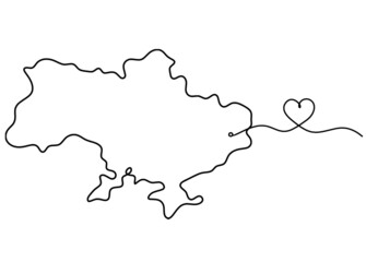 Map of Ukraine with heart as line drawing on white background. Vector