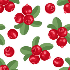 Cranberry seamless pattern. Vector background with red berries and green leaves. Simple flat style.