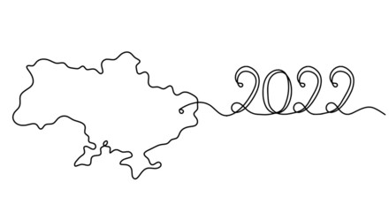 Map of Ukraine with 2022 as line drawing on white background. Vector