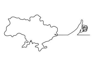 Map of Ukraine with hand as line drawing on white background