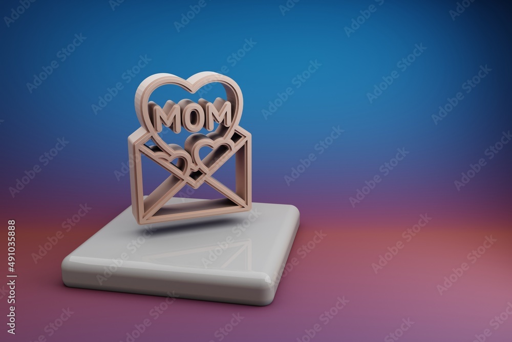 Aufkleber Wonderful message with word mom and heart icons. Mothers Day symbol icons on a ceramic stand and bright colored background. 3d rendering illustration. Background pattern for design.
