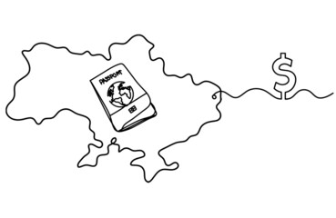 Map of Ukraine with dollar as line drawing on white background. Vector
