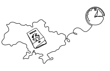 Map of Ukraine with clock as line drawing on white background