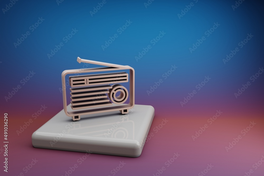 Poster wonderful old radio with short antenna. beautiful music symbol icons on a ceramic stand and bright c