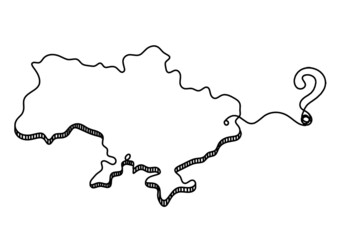 Map of Ukraine with question mark as line drawing on white background