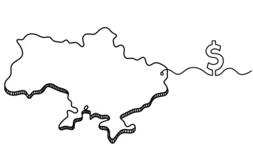 Map of Ukraine with dollar as line drawing on white background. Vector