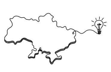 Map of Ukraine with light bulb as line drawing on white background