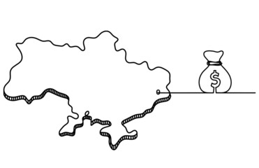 Map of Ukraine with dollar as line drawing on white background. Vector