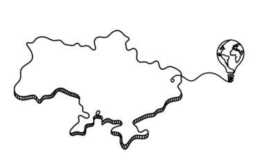 Map of Ukraine with globe light bulb as line drawing on white background. Vector