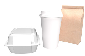 Hamburger Menü Set bestehend aus einer Hamburger Box, einem Getränkebecher und einer Tüte für die Pommes Frites.